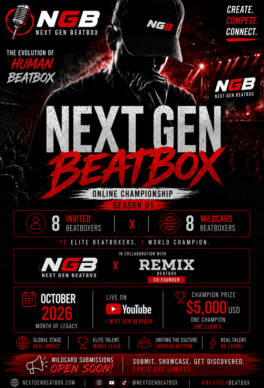 Next Gen Beatbox Season 01 promotional flyer announcing wildcard submissions open soon