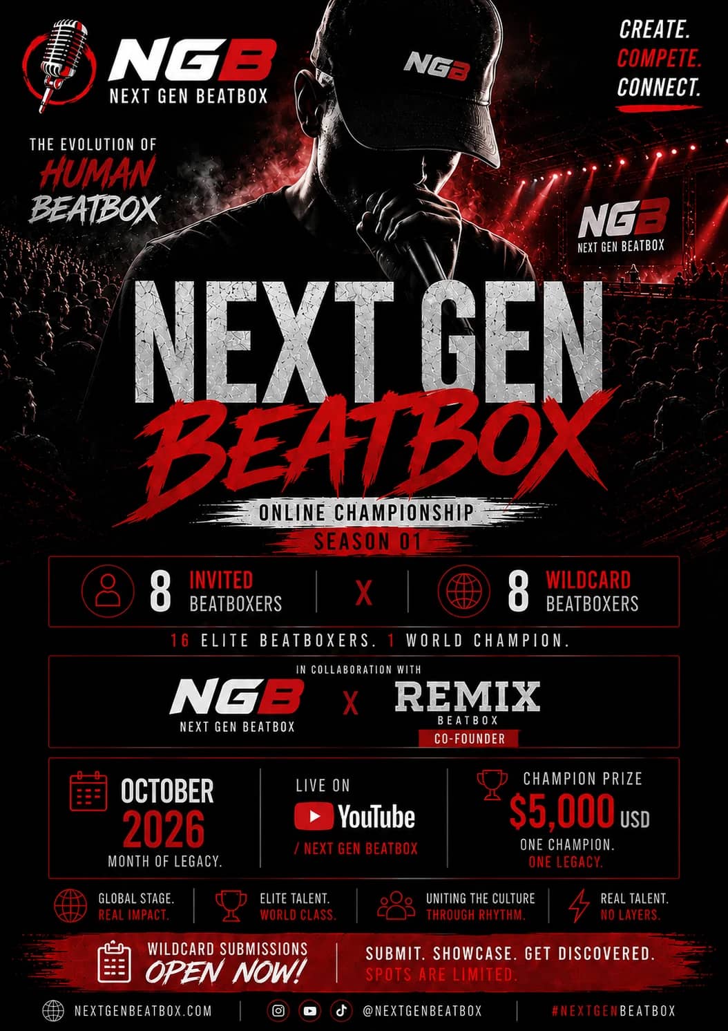 Next Gen Beatbox Season 01 promotional flyer announcing wildcard submissions open now